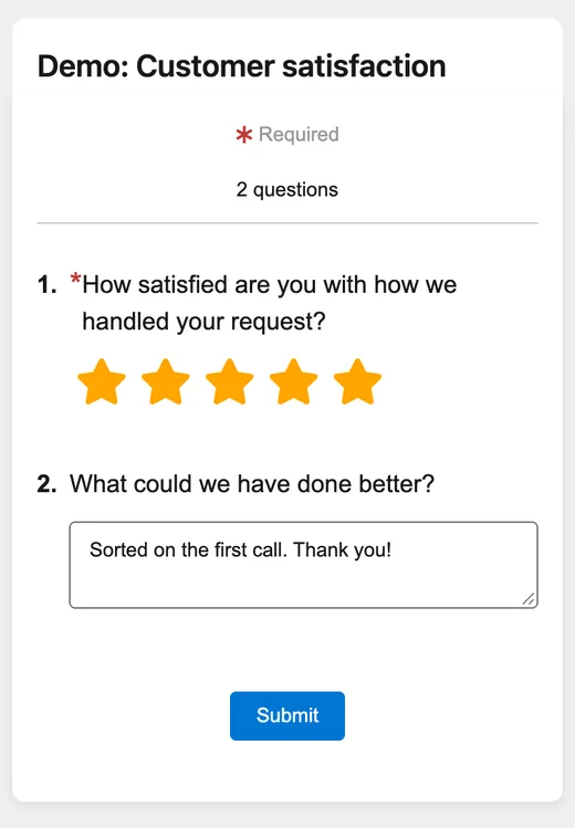 The same survey on a phone: five stars selected and a short comment typed in